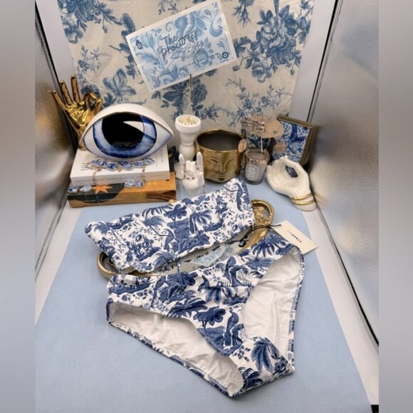 🆕 STAUD 🧿 NWT Blue Toile Bikini Set, Mala Top & Corsage Bottom - Sz L - Blue - Picture 2 of 16
